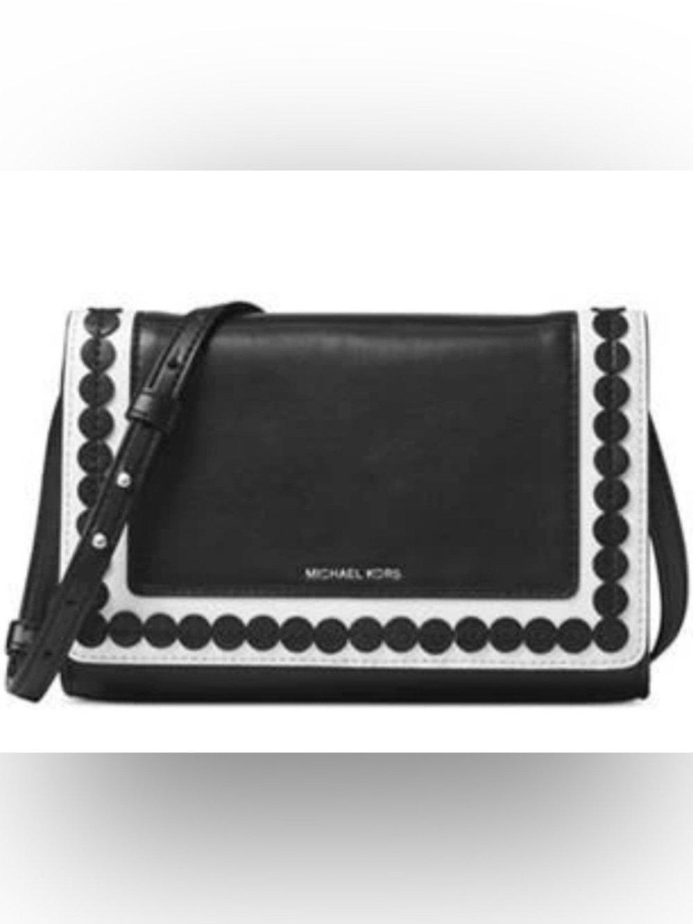 Michael Kors Analise Black and White Leather Crossbody with Scallop Trim